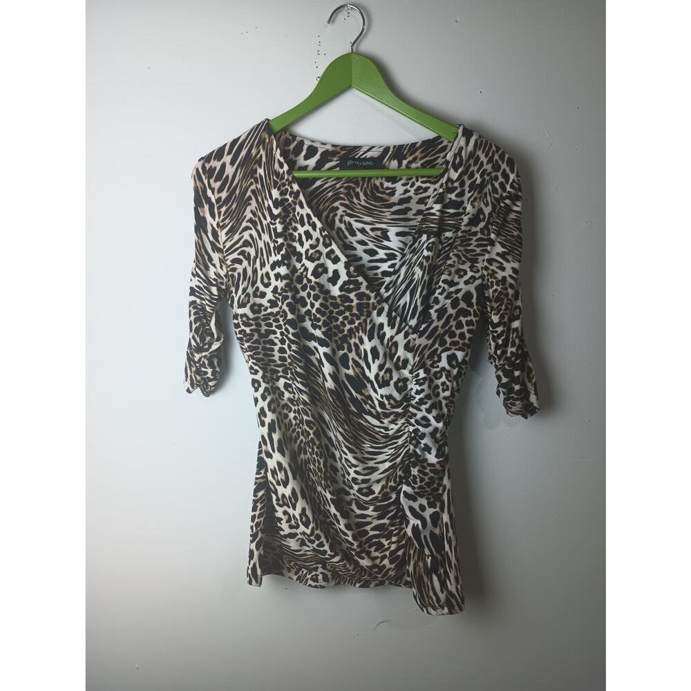 Grayson Animal Print Wrap Top Women’s Small Brown Leopard V-Neck Ruched Blouse